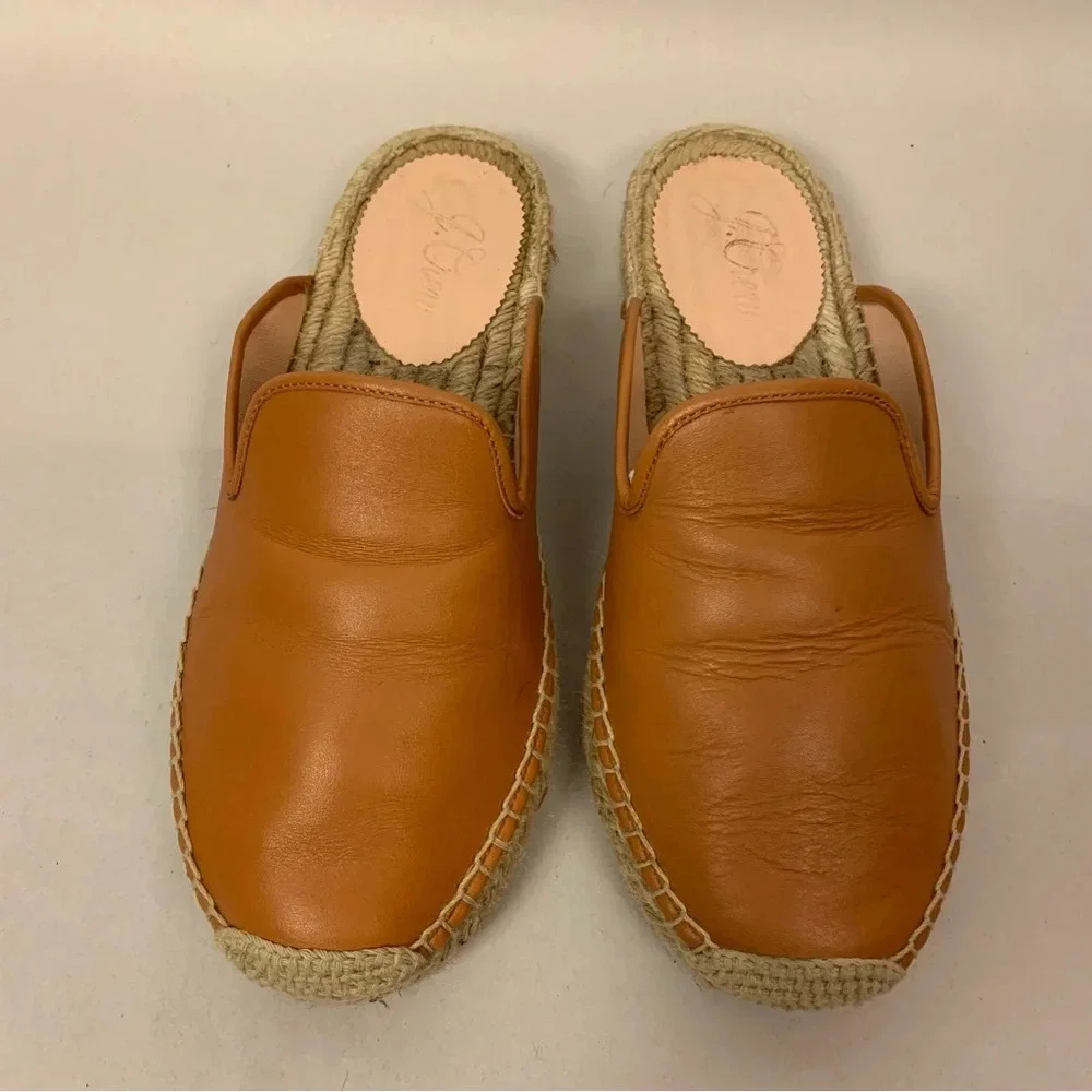 J. Crew Tan Leather Espadrille Slip On Mules